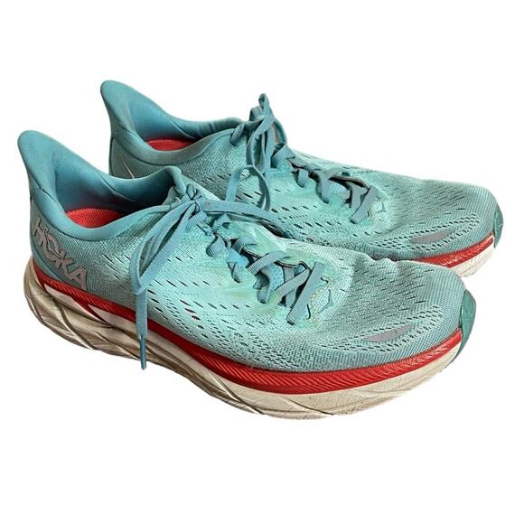 Hoka One One Shoes - HOKA One One Clifton 8 Running Sneaker Aqua Blue Red Size 9.5